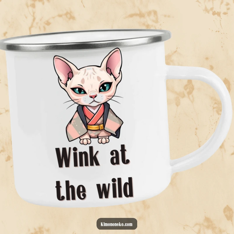 Funny Kawaii Sphynx cat in cool kimono giving a wink, stylish anime camping mug, gift.