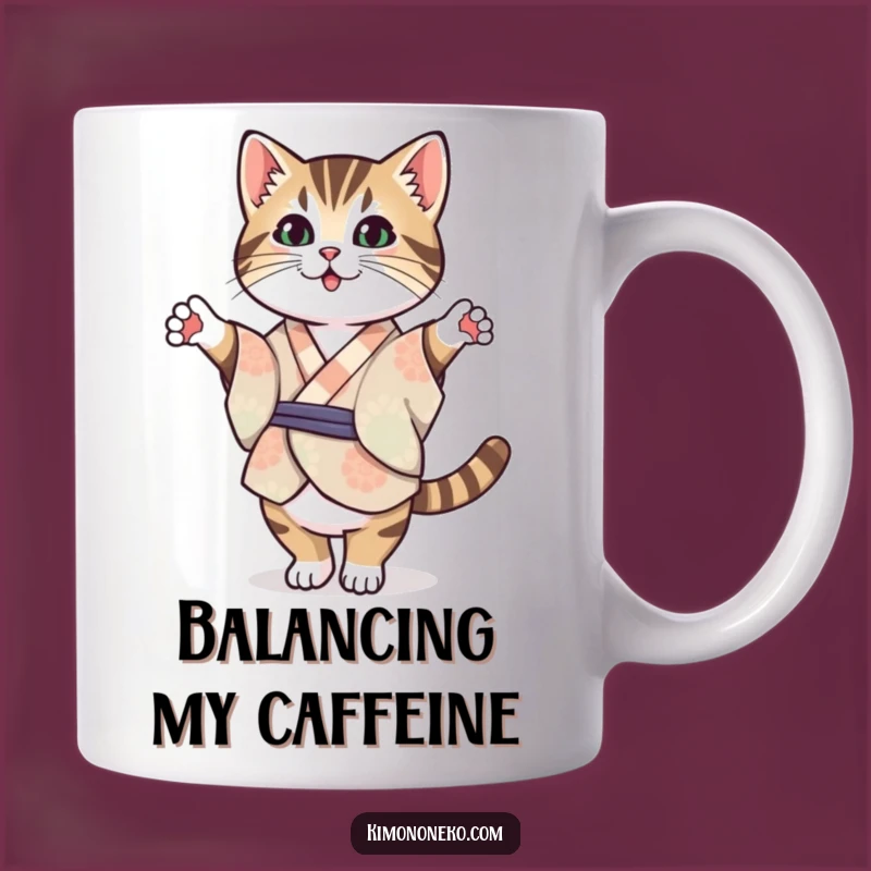 Funny Kawaii Tabby Cat Kimono Mug: Balancing Act for a Hilarious Gift