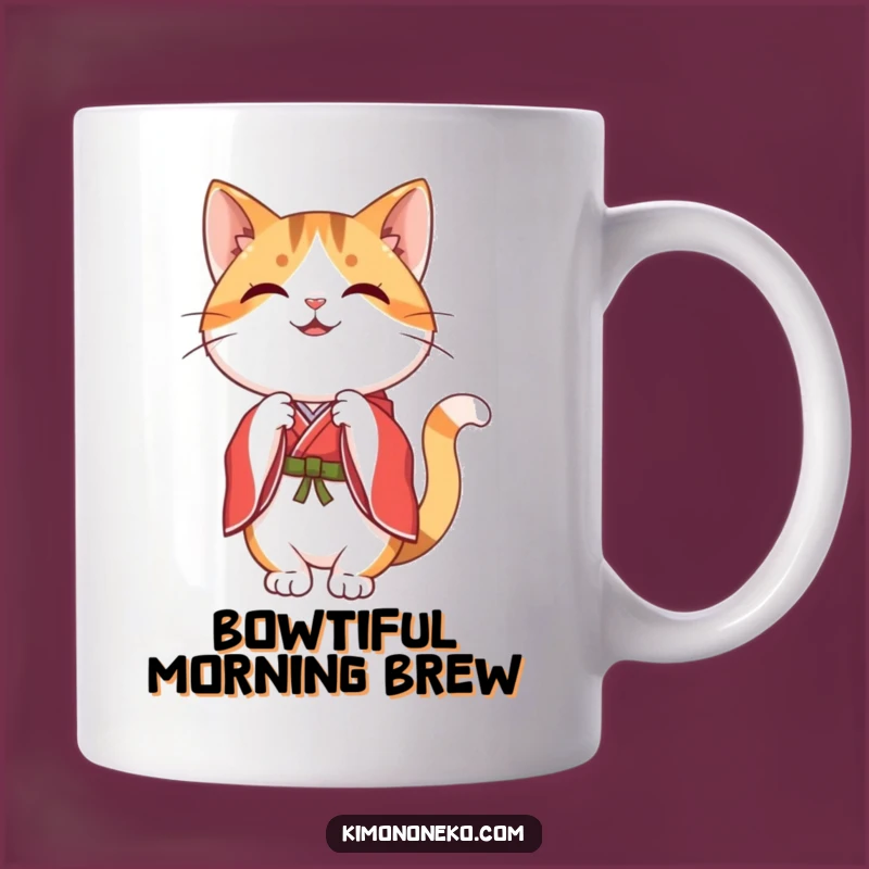 Funny Kawaii Calico Cat Bow Mug - Graceful Kimono Greeting Gift