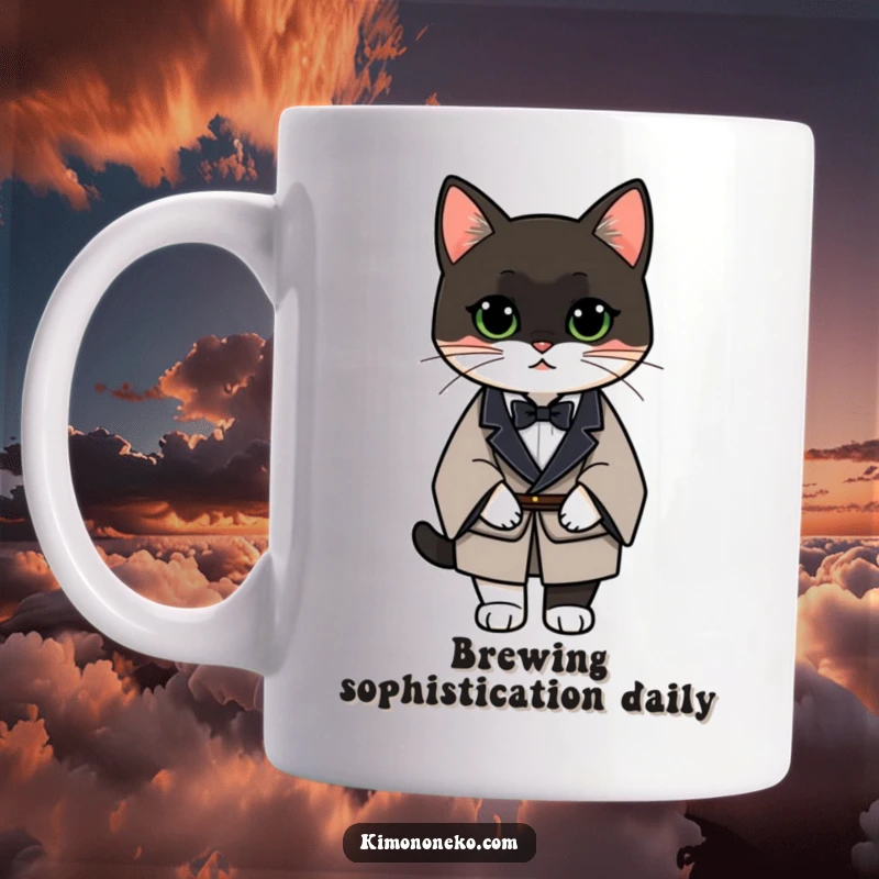 Funny Tuxedo Cat Mug featuring a dapper cat in a formal kimono, exuding elegance and subtle humor.