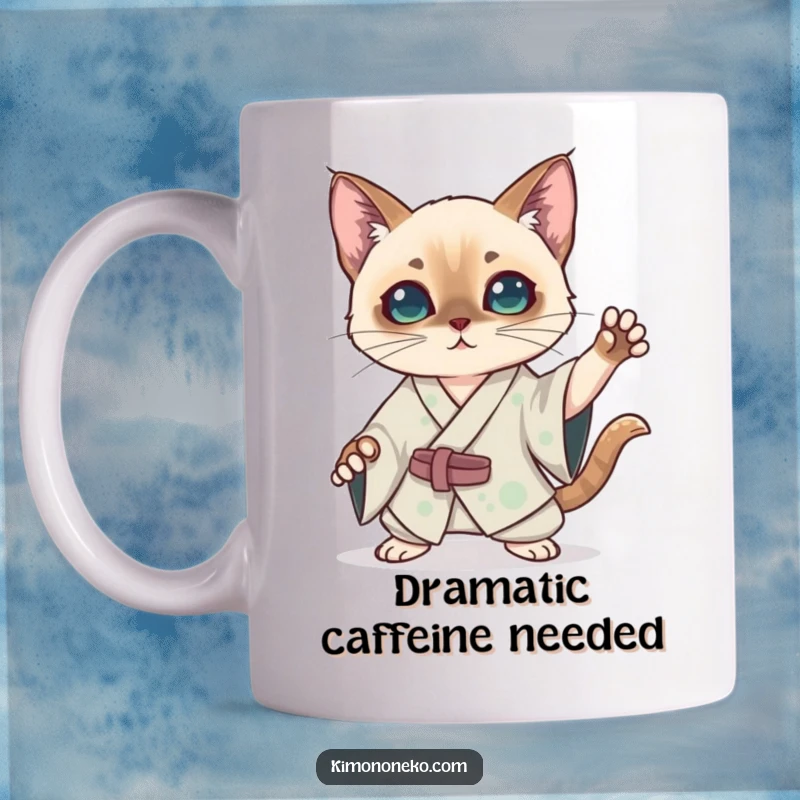 Funny kawaii Siamese cat in a silk kimono practicing a dramatic pose on a mug, exuding flair and humor.