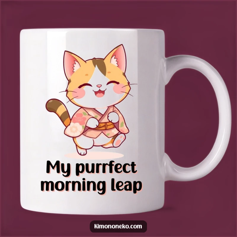 Funny Calico Cat Pounce Mug: Adorable Kawaii Kitty in Floral Kimono - Perfect Gift!