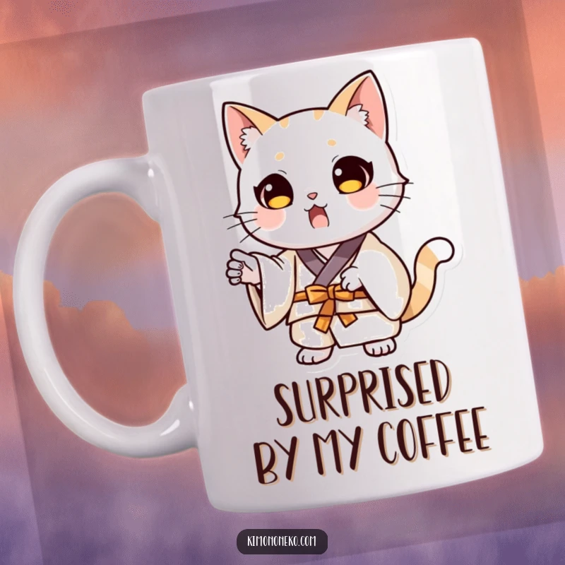 Funny kawaii cat wearing a kimono, striking a dramatic and surprised pose, printed on a humorous mug.
