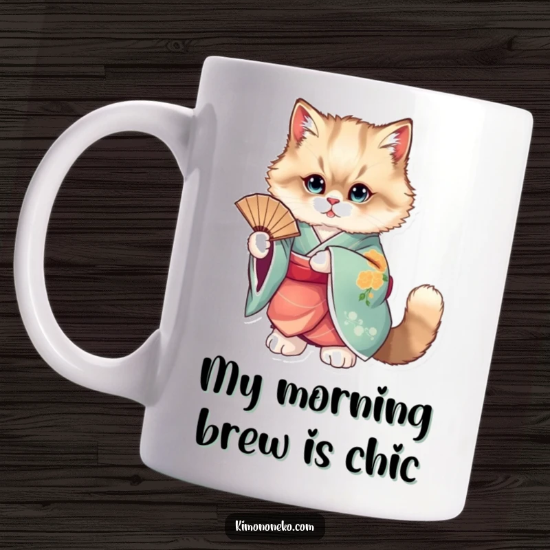Funny cat mug showing a fluffy cat elegantly posing in a vibrant kimono, holding a fan.
