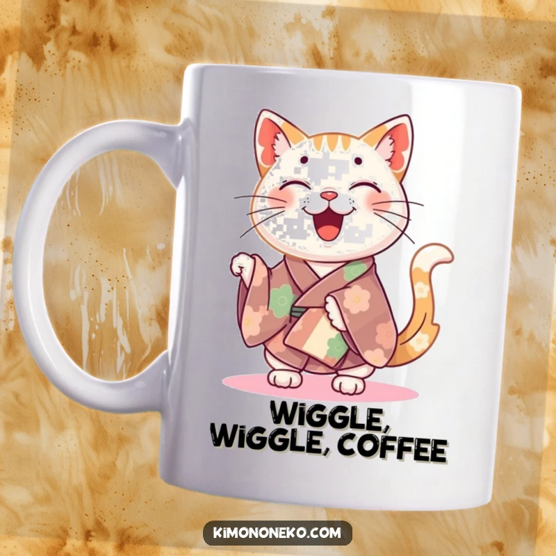 Funny happy cat in a colorful kimono joyfully wiggling its tail on a vibrant coffee mug.