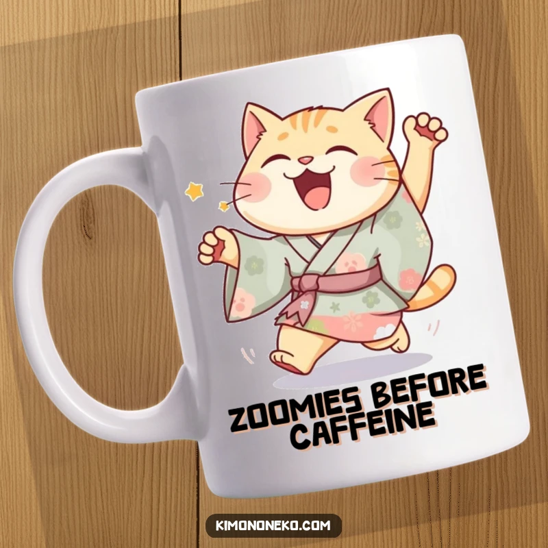 Funny Joyful Cat Kimono Mug showing a happy cat in vibrant kimono, in a silly chase scene, perfect for humorous gift.