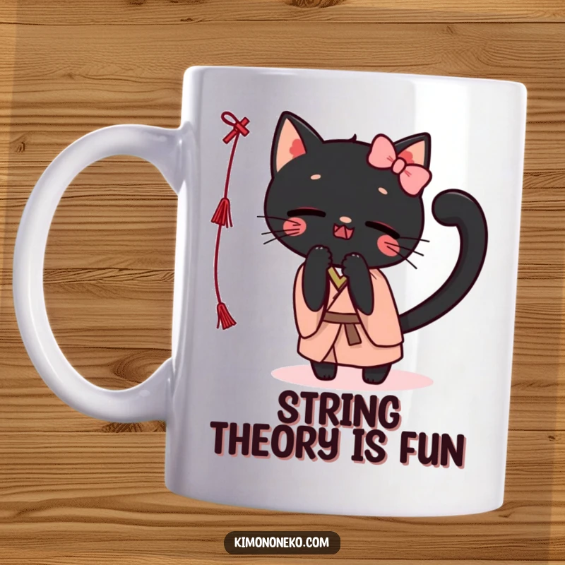 Funny Kawaii black cat in a simple kimono, playfully batting at a string, looking mischievous and cute, ideal for cat lovers.