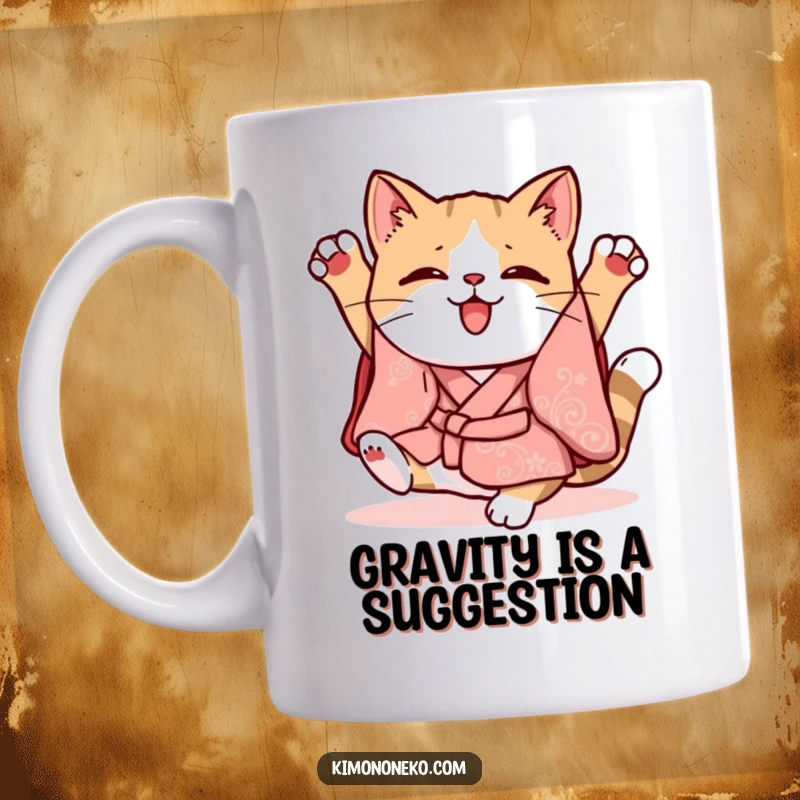 Funny Kawaii cat in a whimsical kimono doing a clumsy somersault, ceramic coffee mug, slapstick humor.