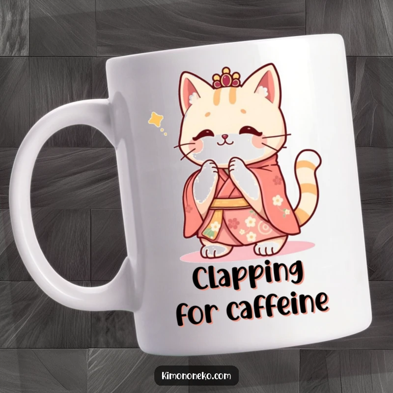 Funny Kawaii cat in a festive kimono, enthusiastically clapping its paws, conveying pure joy and celebration.