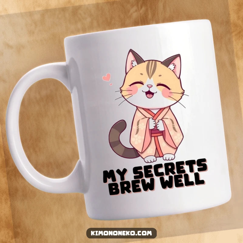 Funny Kawaii cat in an elegant kimono, sharing a secret giggle, radiating subtle joy and amusement.