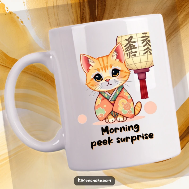 Funny kawaii ginger cat mug featuring a cat in a vibrant kimono curiously peeking from behind a paper lantern, full of charm.