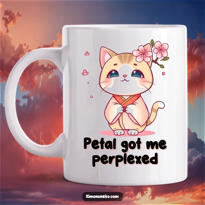Funny Kawaii Kimono Cat Mug: A surprised kitty in a traditional robe startled by a single falling cherry blossom, perfect for gift.