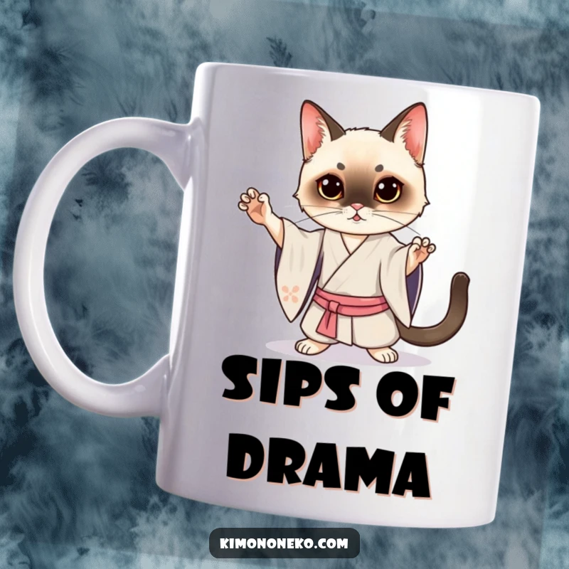 Funny Kawaii Siamese Cat Mug: A stylish cat in a silk kimono striking a dramatic pose, bringing humor and elegance.