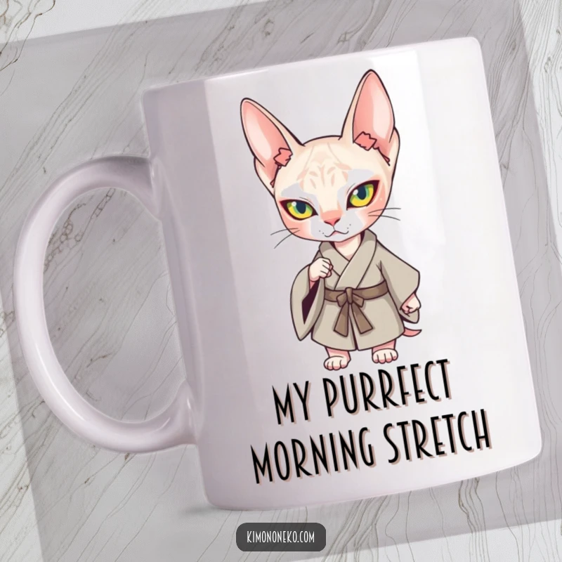 Funny Kawaii Sphynx Cat Kimono Mug: A determined, confident feline in a traditional robe, ready for anything.