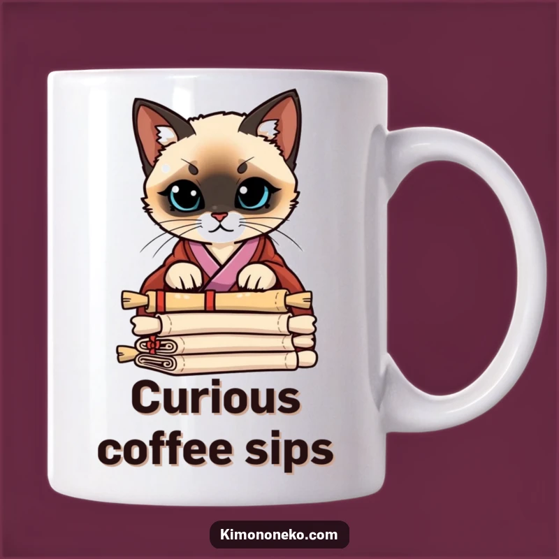 Funny Siamese Kimono Cat Mug: Curious Peering Over Scrolls Gift