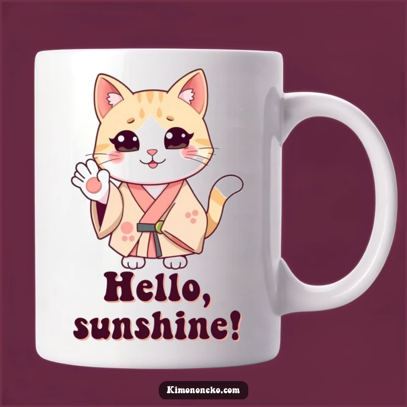 Funny Smiling Cat Kimono Mug: Friendly Feline Wave, Perfect Humorous Gift