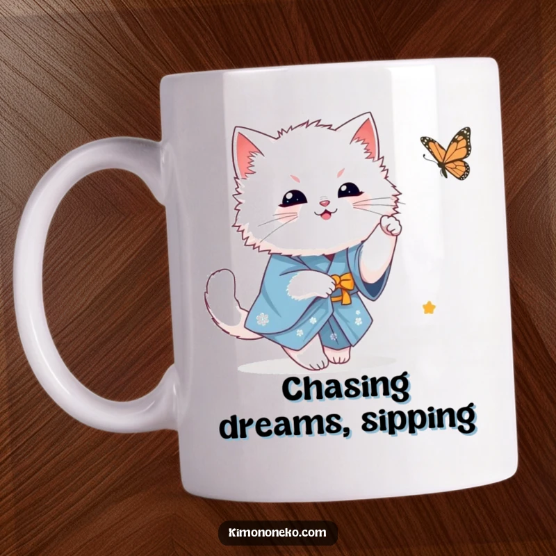 Funny fluffy white kawaii cat in a blue kimono playfully chasing a butterfly, a scene of gentle fun on a ceramic mug.