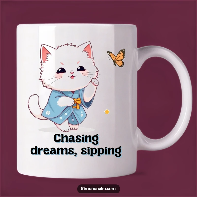 Funny White Cat Chasing Butterfly Mug: Kawaii Kitty in Blue Kimono - Whimsical Gift!