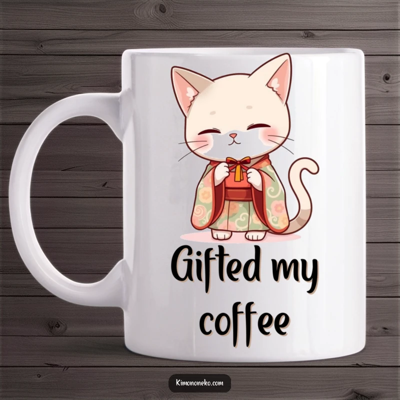 Funny sleek cat in an elegant kimono gracefully offering a small gift on a stylish coffee mug.