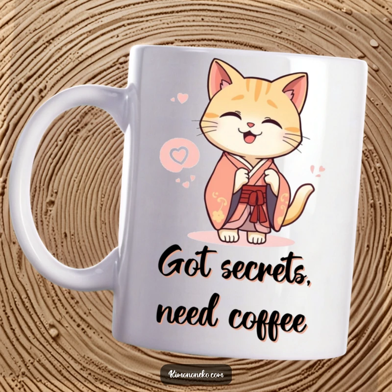 Funny Kawaii cat in an elegant kimono sharing a secret giggle, ceramic coffee mug, whimsical illustration.