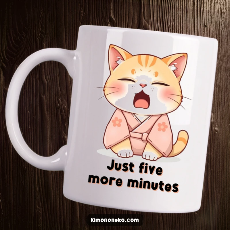 Funny mug depicting a sleepy cat in a soft kimono, adorably yawning with eyes half-closed, radiating pure comfort and relaxation.