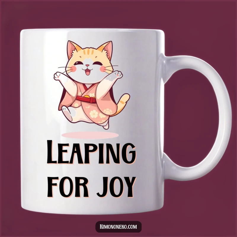 Funny Cat Kimono Mug: Playful Kitty Festive Jump - Energetic Gift!
