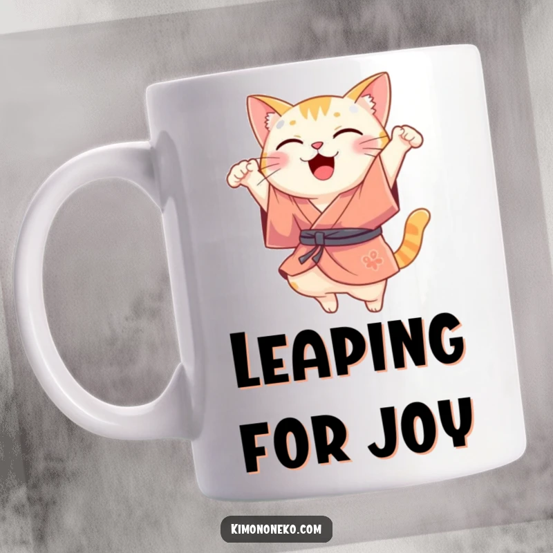 Funny Kawaii cat in a silk kimono, performing a joyful leap, expressing freedom and fun on a mug.
