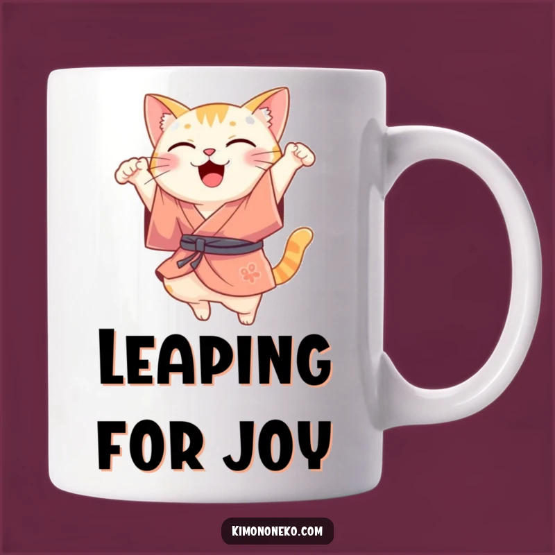 Funny Kawaii Cat Leap Mug: Joyful Silk Kimono Catch, Perfect Funny Gift