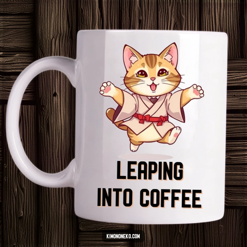 Funny Kimono Cat Mug: A tabby cat in a formal kimono performing a graceful leap, showcasing playful elegance and humor.