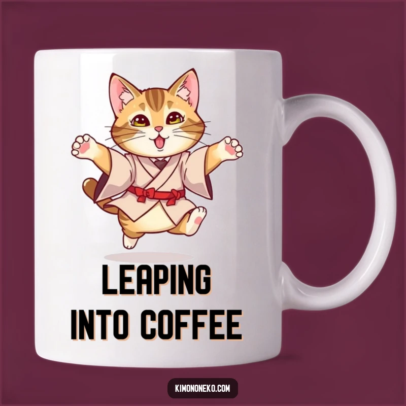 Funny Kimono Cat Leap Mug: Graceful Tabby Performing a Funny Leap Gift
