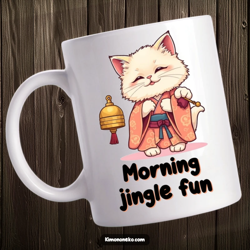 Funny kawaii cat mug featuring a fluffy cat in a beautiful kimono playfully batting at a bell, offering cute and humorous charm.