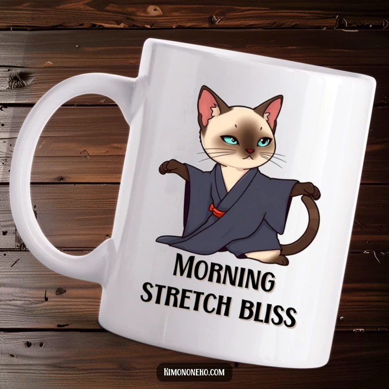 Funny Siamese Cat Mug: A sleek Siamese cat in a dark kimono performs an elegant, fluid stretch with poise.