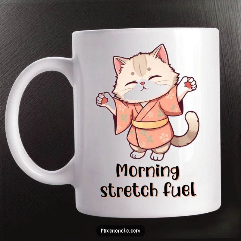 Funny mug featuring a fluffy cat in a floral kimono doing a graceful, elongated stretch, conveying peaceful humor.