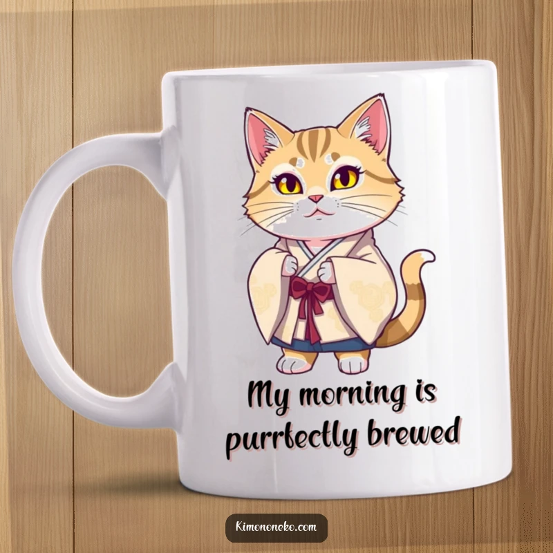 Funny Majestic Cat Kimono Mug showing a proud cat in traditional silk, exuding elegance and humor for gift-givers.