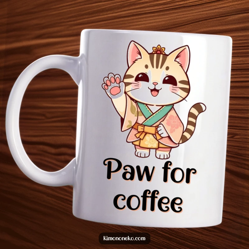 Funny striped cat in a festive kimono waving its paw in a friendly greeting on a coffee mug.