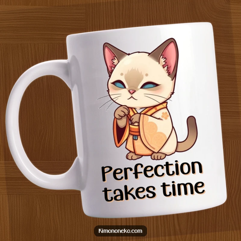 Funny Siamese kawaii cat wearing an ornate kimono, elegantly grooming its paw, on a stylish and funny mug.