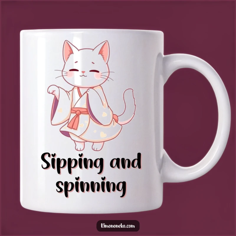 Funny Kawaii White Cat Kimono Mug: Graceful Twirl for a Hilarious Gift