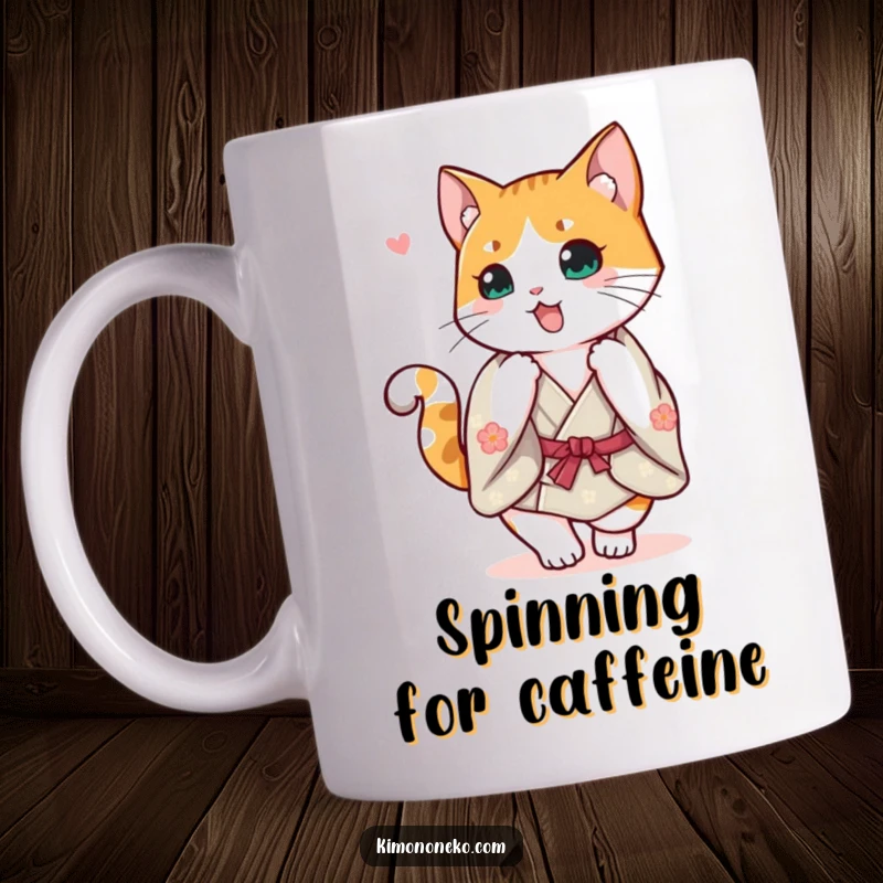 Funny Calico Cat Kimono Mug: A cheerful calico cat in a kimono doing a happy spin with its tail up, radiating joy.