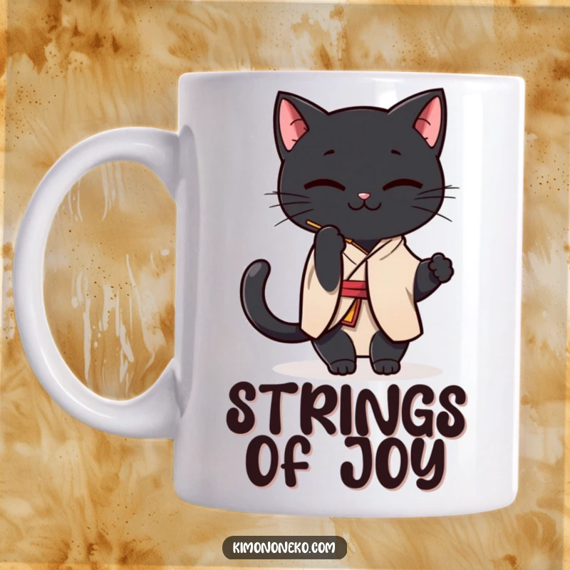 Funny Kawaii Black Cat Mug: A playful cat in a simple kimono batting at a string, with a humorous and mischievous expression.