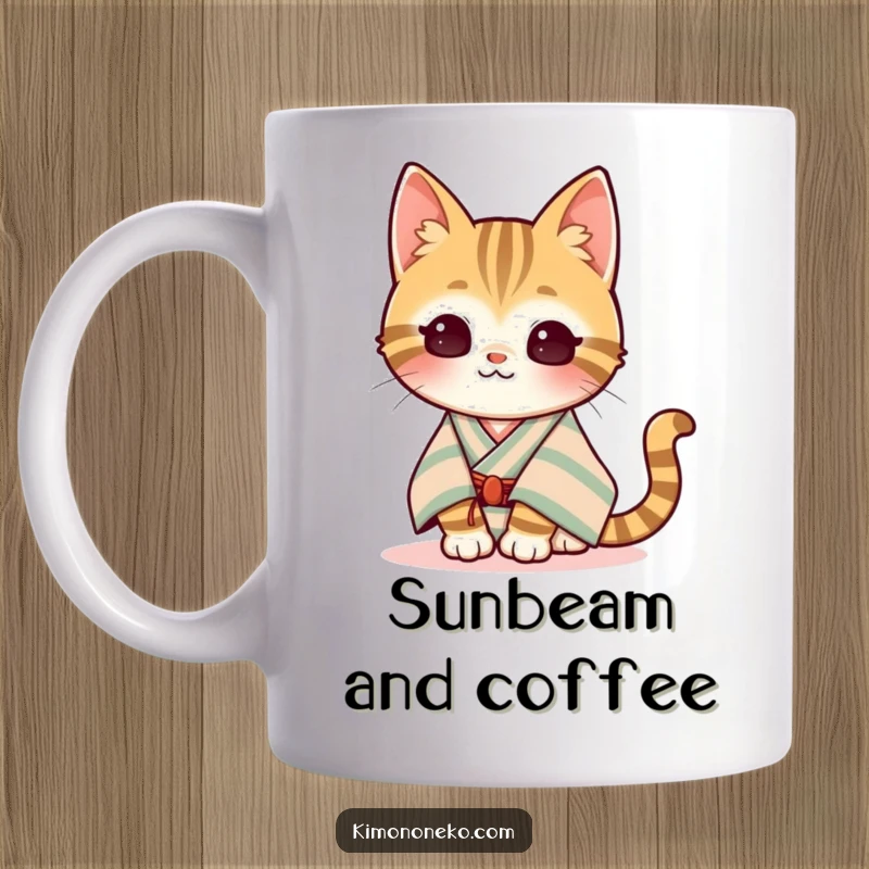 Funny Kawaii Tabby Cat Mug: A content cat in a striped kimono relaxes peacefully in the warm sunshine, radiating calm and humor.
