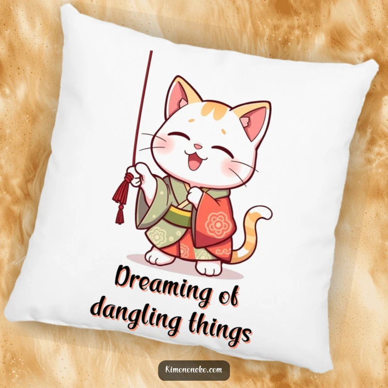 Funny Kawaii cat in a vibrant kimono, playfully batting at a dangling string, soft and humorous home decor.