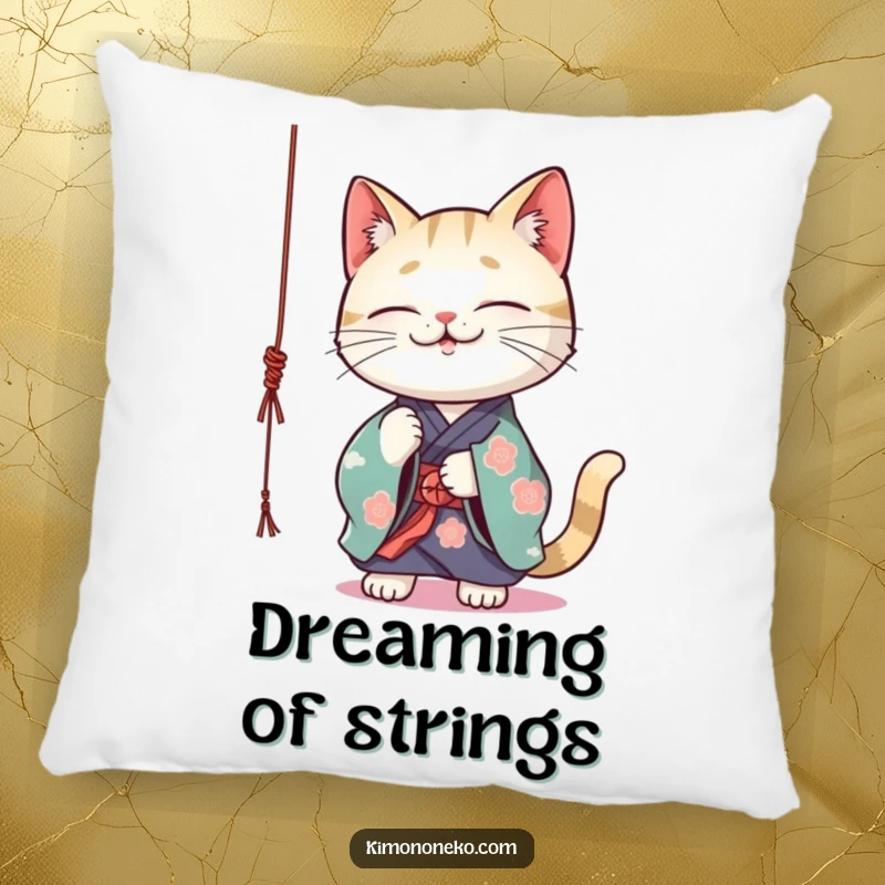 Funny Kawaii cat in a vibrant kimono playfully batting at a dangling string, soft decorative pillow, cute accent.