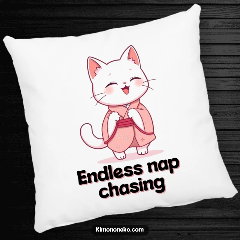 Funny Kawaii Cat Pillow: A giggling white cat in a pink kimono is depicted in a humorous loop, chasing its tail with endless delight.