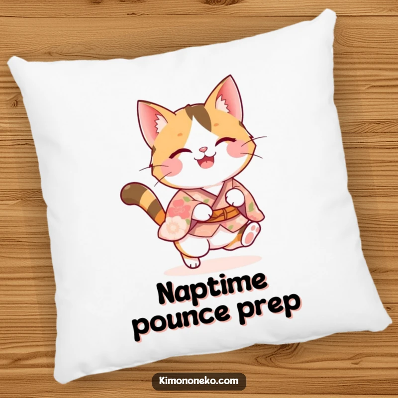 Funny calico kawaii cat in a floral kimono caught in a joyful pounce, offering comfort and humor as a decorative throw pillow.