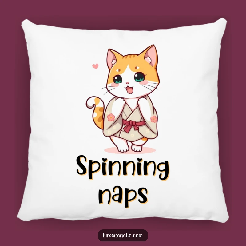 Snuggle up with comfort and joy with this funny pillow, featuring a calico cat in a kimono doing a happy spin. Adds a cheerful vibe to your home.