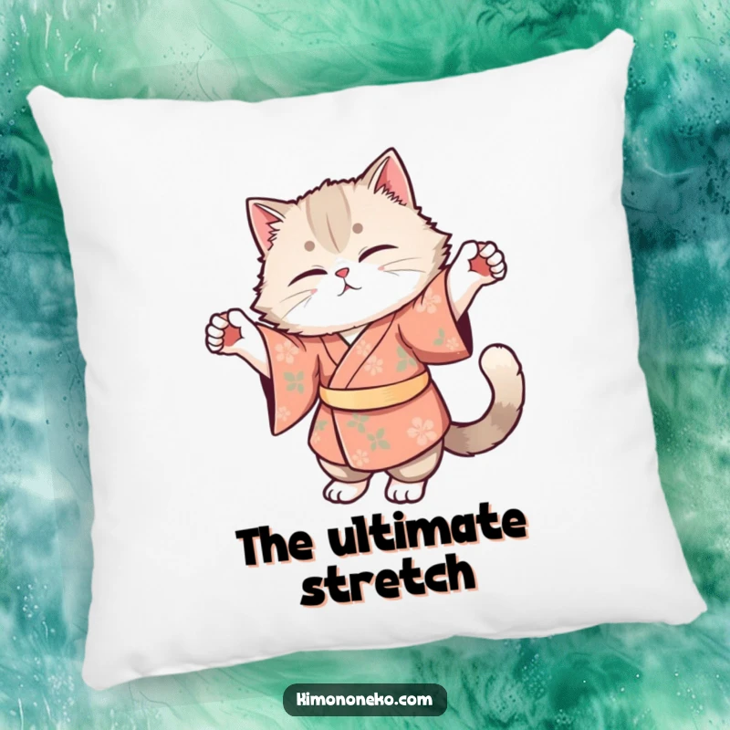 Funny pillow with a fluffy cat in a floral kimono doing a graceful stretch, providing comfort and humorous charm.
