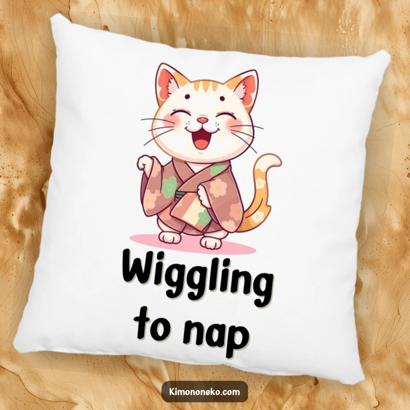 Funny happy cat in a colorful kimono wiggling its tail, printed on a soft and cozy decorative pillow.