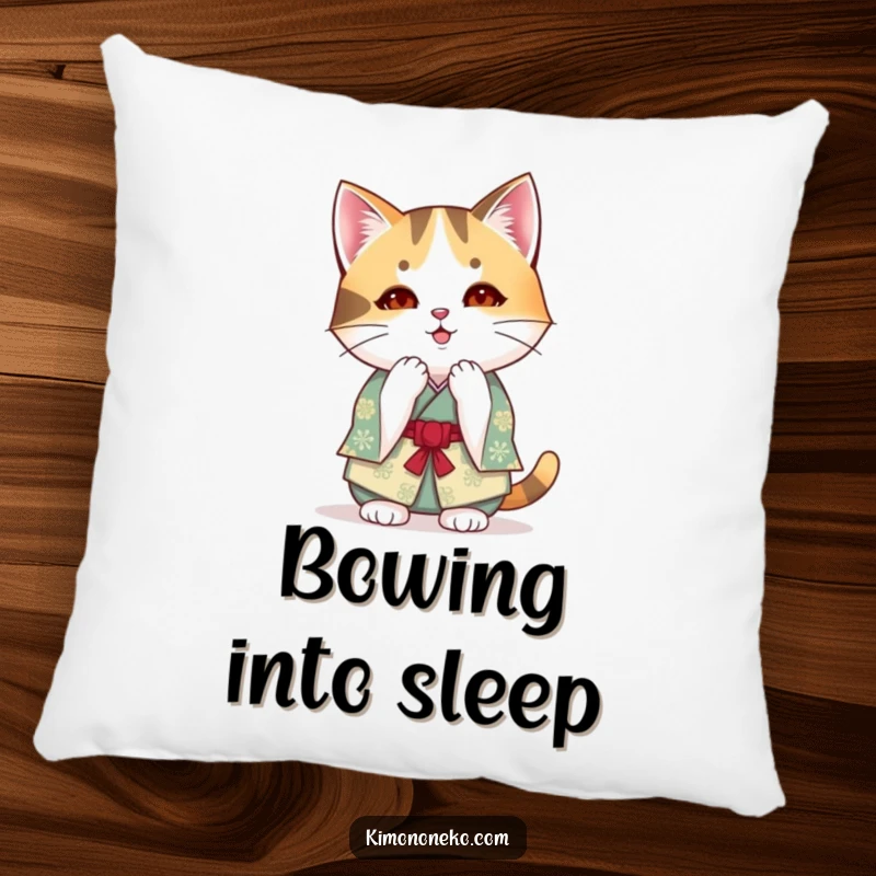 Funny kawaii calico cat in a festive kimono bowing on a plush pillow, offering humorous anime-inspired politeness and comfort.