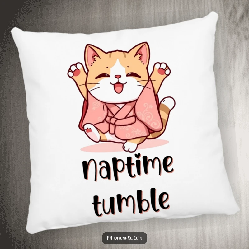 Funny Kawaii cat in a whimsical kimono doing a clumsy somersault, soft decorative pillow, playful accent.