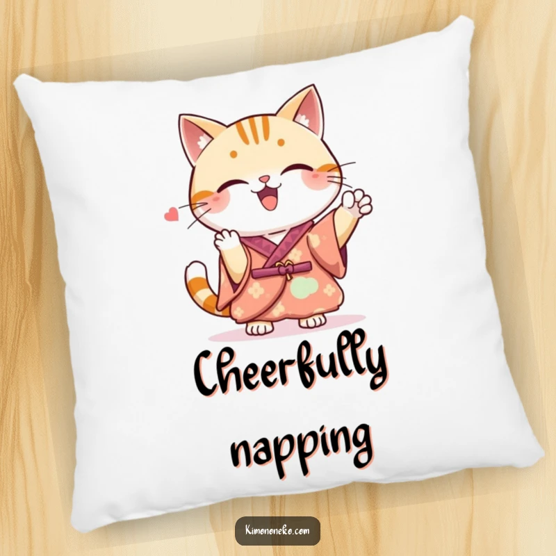 Funny Kawaii cat in a kimono, cheering with excitement, a soft and funny pillow for ultimate comfort.
